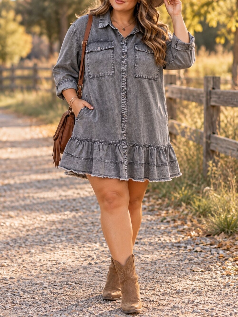 Elan 100% Cotton Gray Denim Shirt Dress Ruffle Hem Mini Western Boho